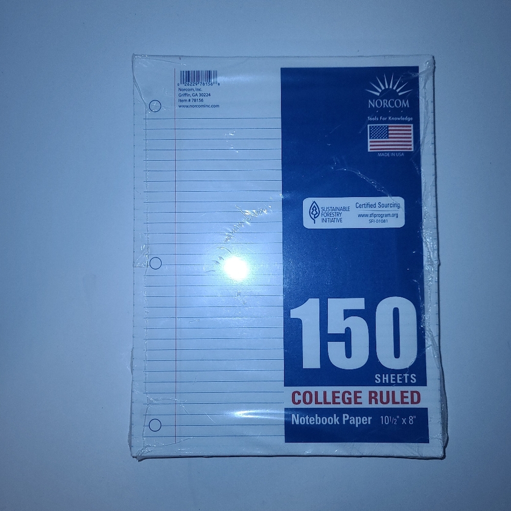 College Rule Notebook Paper Norcom #78156 150 Ct 3 Hole Punch
